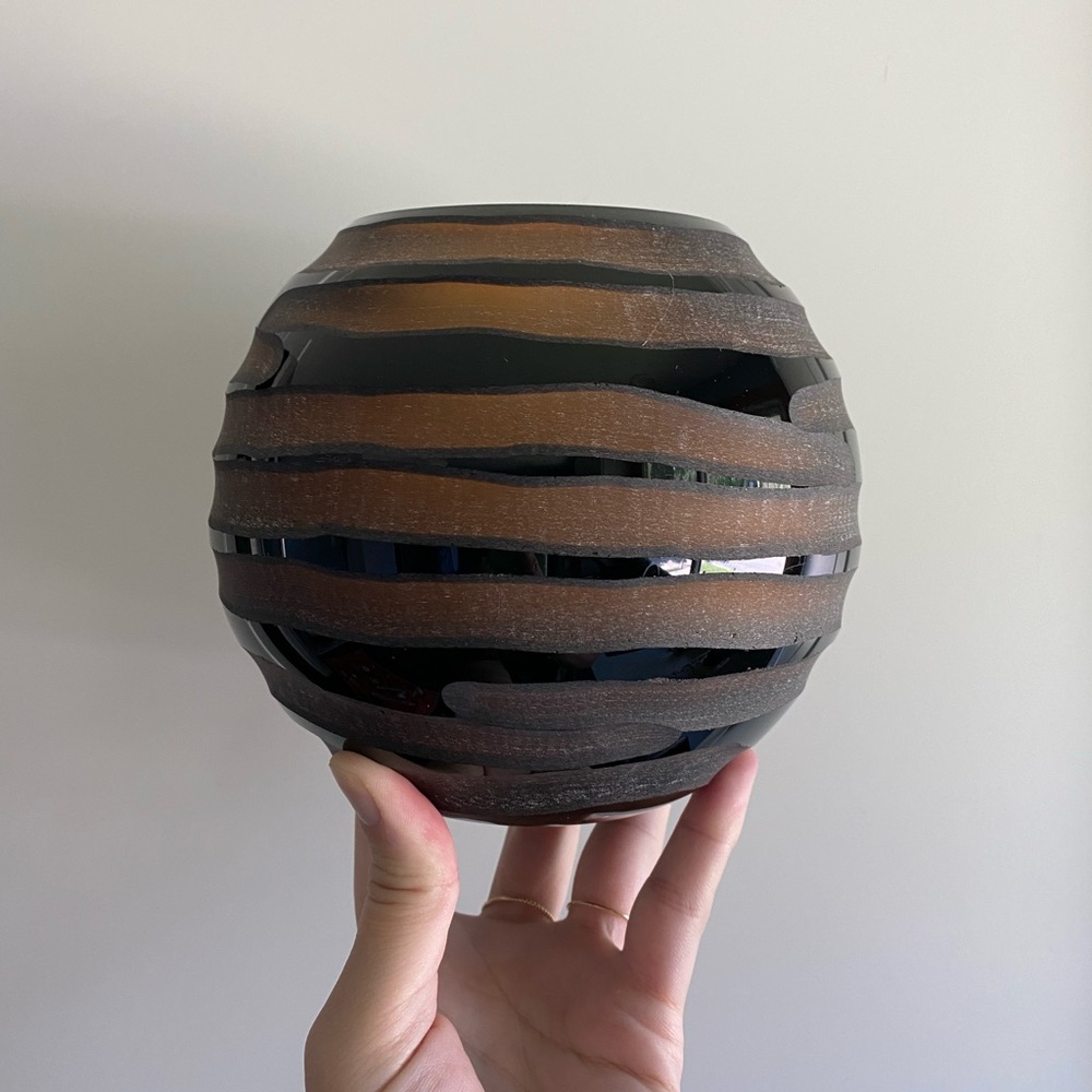 Vintage Amber Colored Glass Orb Vase Art Glass Cut